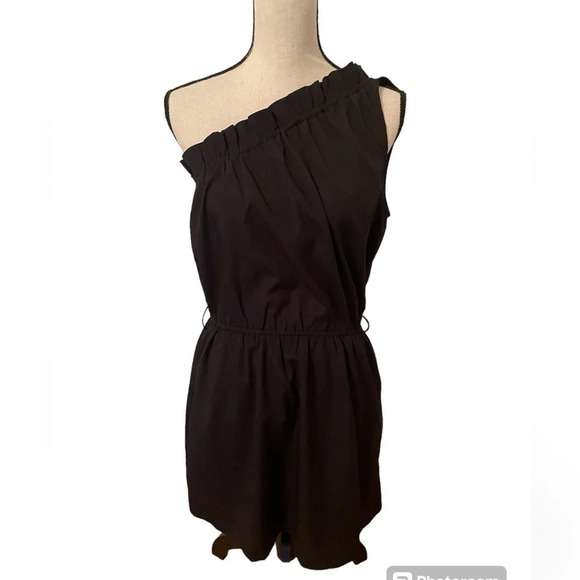 Lush Black One Shoulder Ruffled Edge Black Dress Lined Small Elastic Waist EUC - Picture 1 of 11